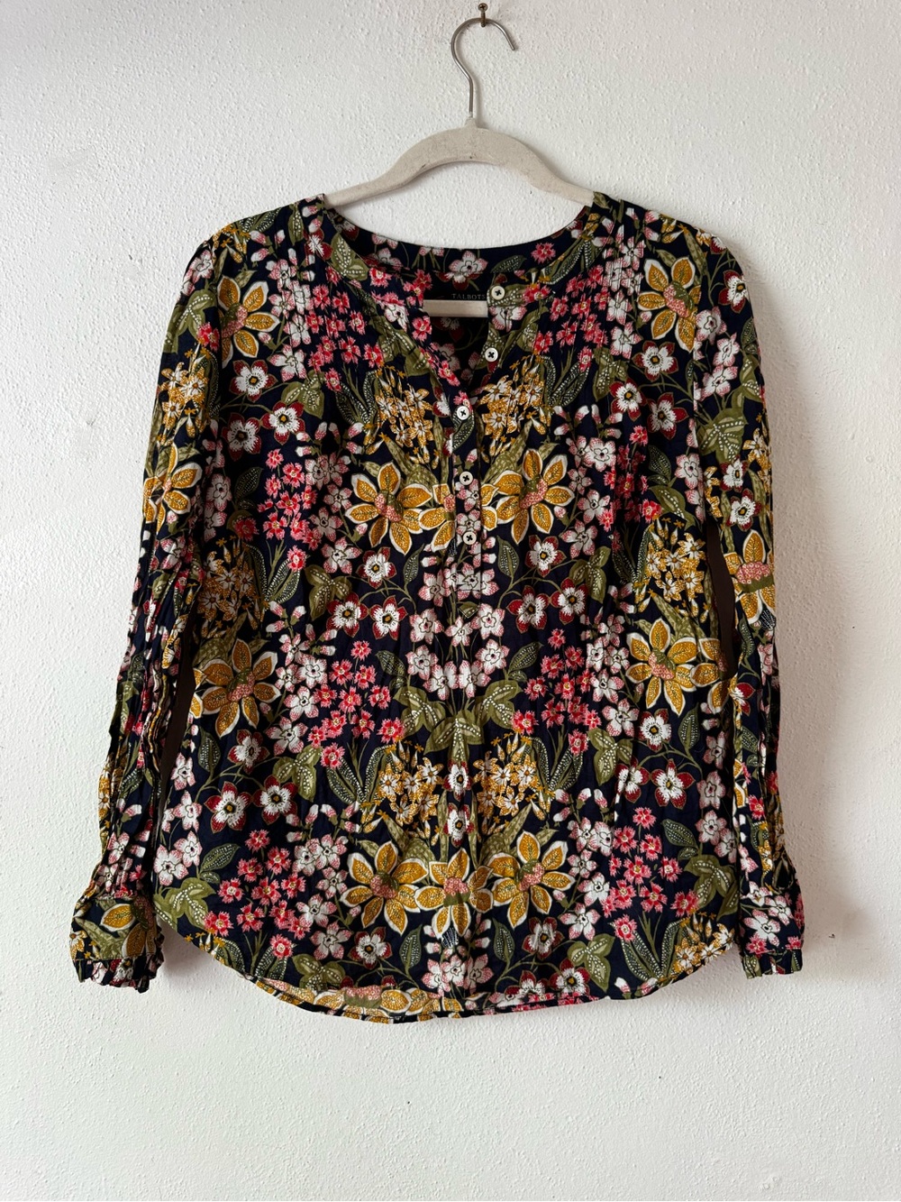 Talbots Feminine Pintuck Popover - Black Floral Henley Blouse with Ruffles